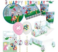 amscan Kit de fête 68 pièces « Chevalier » avec assiettes, gobelets, serviettes, nappe, invitations, sacs, décoration, ballons pour anniversaire d'enfant et fête à thème | Décoration de fête princesse