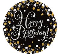 Assiettes en carton -Happy Birthday- Gold - Joyeux Anniversaire - Or et Noir - 8 pièces - 23 cm