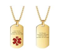Amsgedhie Collier d'alerte médicale personnalisé avec étiquette rouge d'identification d'urgence en acier inoxydable, longueur de chaîne 60 cm, unisexe (Or)