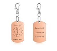 Amsgedhie Porte-clés alarme médicale personnalisé, porte-clés étoile de vie en acier inoxydable, pendentif médical avec fermoir à mousqueton, unisexe (Or rose)