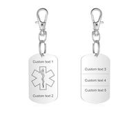 Amsgedhie Porte-clés alarme médicale personnalisé, porte-clés étoile de vie en acier inoxydable, pendentif médical avec fermoir à mousqueton, unisexe (Argent)