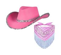 AMSLSIU Chapeau de cowgirl - Accessoires de déguisement - Chapeau de cowboy décontracté avec franges et sequins - Idéal pour les occasions spéciales - Large bord -