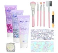 AMSNINK Lot de 3 gels à paillettes pour tenue de festival pour femme, visage pailleté et tenue rave, avec de grandes paillettes et un pinceau de maquillage