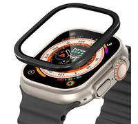 AMSOH Verre trempé pour Apple Watch Ultra 49mm, cadre métallique en titane, Film anti-rayures pour série Ultra 2, accessoires de protection d'écran(Black 2)