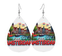 Amsterdam Boucles d'oreilles en cuir avec tulipes en forme de goutte d'eau pour femme avec pendentif imprimé avec crochet tendance vintage fête au quotidien, taille unique, Cuir