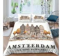Amsterdam canal Linge de Lit Résistante Microfibre résistante 3 Pièces 3D Effet Watercolor cityscape Ensemble De Literie avec Taie d'oreiller Hypoallergique for Chambre Enfants Super king（260x220cm）