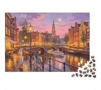 Amsterdam Canal Puzzle 1000 Pièces Recyclable Paysage Urbain Néerlandais Senior Puzzles Jeu Éducatif Anti-Stress Ideal pour la Famille et Les Amis Anniversaires 52x38cm/1000 Pièces Amsterdam Cana...