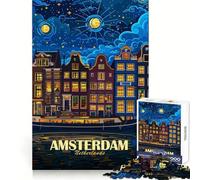 Amsterdam, Pays-Bas, Paysage Nocturne Puzzle de 1000 pièces pour Adultes Améliore la mémoire Loisirs créatifs Découpe Laser Idée Cadeau de Noël (38x26cm)