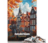 Amsterdam Pays-Bas Puzzle Urbain Automne 500 Pièces Puzzle en Bois pour Adultes Jeu de défis 52 x 38 cm