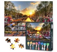 Amsterdam Puzzle 1000 pièces - Canal printanier avec fleurs et vélos, 50 x 70 cm, motif Pays-Bas, puzzle sophistiqué pour adultes