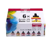Amsterdam Set d’Encres Acryliques | Set de Base (6 x 30 ml) | Couleurs Primaires, Noir, Blanc & Ocre | Peinture Acrylique Fluide