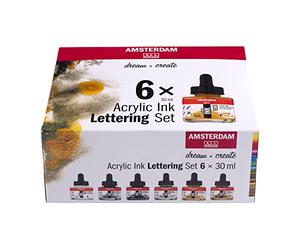 Amsterdam Set d’Encres Acryliques | Set Lettrage (6 x 30 ml) | Noir, Blanc & Couleurs Métalliques | Peinture Acrylique Fluide