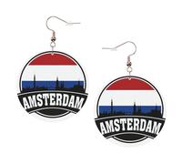 Amsterdam Skyline Boucles d'oreilles rondes avec imprimé néerlandais pour femme, 1 paire de boucles d'oreilles percées en cuir léger, bijoux tendance, cadeaux pour femmes et filles, One Size