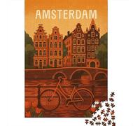 Amsterdam Travel Poster - Canals Bikes & Tulips De Noël Puzzle en Bois