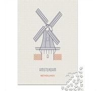 Amsterdam Windmill Minimalist Line Art Puzzle en Bois, 1000 pièces | Pour une séance de puzzle après une journée chargée : ce puzzle 1000 pièces adulte associe concentration et détente.