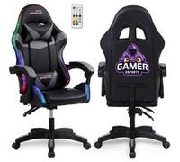 Amstrad AMS-900-LED-GAMER - Fauteuil Gaming Noir et Gris - Serigraphie Gamer - Eclairage LED 366 Effets - Télécommande
