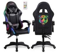 Amstrad AMS-900-LED-TIGER - Fauteuil Gaming Noir et Gris - Serigraphie Tiger - Eclairage LED 366 Effets - Télécommande