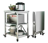 AMSXNOO Chariot en Acier Inoxydable 3 Étages Pliable Mobile de Service Desserte Cuisine avec roulettes, Rangement Étagères pour Restaurant Hôpital Train (60X45X80CM)
