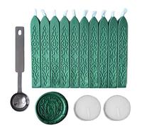 AMTOL Lot de 10 bâtons de cire à cacheter avec 2 bougies blanches et 1 cuillère à fondre pour invitations de mariage, cartes, enveloppes et cachet (vert pin)
