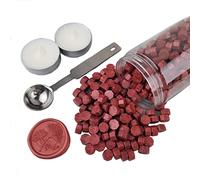 AMTOL Lot de 300 perles de cire à cacheter avec 2 bougies blanches et 1 cuillère à fondre de la cire, idéales pour les invitations de mariage, les enveloppes, les emballages cadeaux(vin rouge)