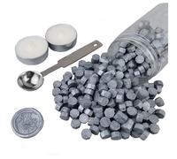 AMTOL Lot de 300 perles de cire à cacheter avec 2 bougies blanches et 1 cuillère à fondre de la cire, idéales pour les invitations de mariage, les enveloppes, les emballages cadeaux(argent)