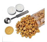 AMTOL Lot de 300 perles de cire à cacheter avec 2 bougies blanches et 1 cuillère à fondre de la cire, idéales pour les invitations de mariage, les enveloppes, les emballages cadeaux(or)