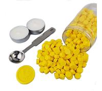 AMTOL Lot de 300 perles de cire à cacheter avec 2 bougies blanches et 1 cuillère à fondre de la cire, idéales pour les invitations de mariage, les enveloppes, les emballages cadeaux(Jaune)