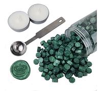 AMTOL Lot de 300 perles de cire à cacheter avec 2 bougies blanches et 1 cuillère à fondre de la cire, idéales pour les invitations de mariage, les enveloppes, les emballages cadeaux(Vert sapin)