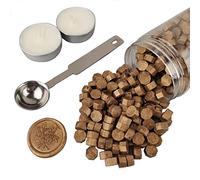 AMTOL Lot de 300 perles de cire à cacheter avec 2 bougies blanches et 1 cuillère à fondre de la cire, idéales pour les invitations de mariage, les enveloppes, les emballages cadeaux(bronze)
