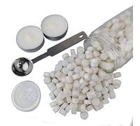 AMTOL Lot de 300 perles de cire à cacheter avec 2 bougies blanches et 1 cuillère à fondre de la cire, idéales pour les invitations de mariage, les enveloppes, les emballages cadeaux(perle blanche)