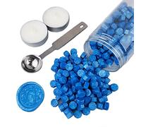AMTOL Lot de 300 perles de cire à cacheter avec 2 bougies blanches et 1 cuillère à fondre de la cire, idéales pour les invitations de mariage, les enveloppes, les emballages cadeaux(bleu)