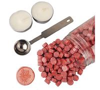 AMTOL Lot de 300 perles de cire à cacheter avec 2 bougies blanches et 1 cuillère à fondre de la cire, idéales pour les invitations de mariage, les enveloppes, les emballages cadeaux(rouge-orange)