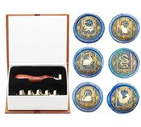 AMTOL Lot de 6 sceaux de cire à cacheter - Série animaux ciel étoilé et 1 poignée en bois - Tampon de cire vintage personnalisé pour cartes, lettres, invitations