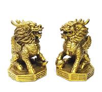 AMTOOCH Feng Shui Kylin Brass Statue Home Decoration a Pair qilin Sculpture Golden Wealth Chi Lin Living Room Office (4" L x 3.6" W x 5.2" H)