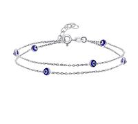 Amulette De Protection Délicate Et Minimaliste, Bracelet De Cheville À Double Rangée D'Œil Maléfique Bleu Marine Pour Femmes Adolescentes Argent Sterling .925, Longueur De 8,5 À 9,5 Pouces