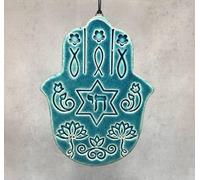Amulette Hamsa (Main de Fatma) en céramique - amulette de Protection Contre Les Mauvaises énergies, Protection vibratoire personnelle (Vert Turquoise)