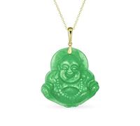 Amulette Yogi GRAND Collier Pendentif Bouddha Rieur Sculpté en Jade Vert Naturel Spirituel pour Femmes Hommes Plaqué Or 14K Argent Sterling .925 18 Pouces