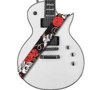 Amumu Skull Rose Sangle de guitare en denim rouge pour guitares acoustiques, électriques et basses avec blocs de sangle et attache de sangle de tête - 5,1 cm de large