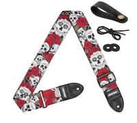 Amumu Skull Rose Sangle de guitare en denim rouge pour guitares acoustiques, électriques et basses avec blocs de sangle et attache de sangle de tête - 5,1 cm de large