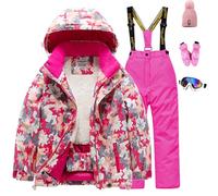 Amur Leopard Combinaison de Ski Enfant Fille Ensemble 5pcs Veste+Pantalon+Chapeau+Gants+Lunettes Costume de Neige Garçon, Manteau Rose Rouge+Pantalon Rose Rouge, 10/130/6-7 Ans