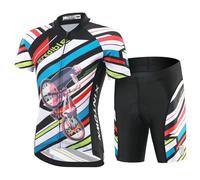 Amur Leopard Enfant Ensemble Maillot de Cyclisme à Manches Courtes + Cuissard Shorts avec Coussin pour Garçon Fille, Stripes-Set, S/3-4 Ans