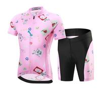 Amur Leopard Enfant Ensemble Maillot de Cyclisme à Manches Courtes + Cuissard Shorts avec Coussin pour Garçon Fille, Rose-Set, XXXL/12-13 Ans