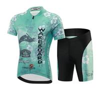 Amur Leopard Enfant Ensemble Maillot de Cyclisme à Manches Courtes + Cuissard Shorts avec Coussin pour Garçon Fille, Vert-Set, XXXL/12-13 Ans
