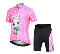 Amur Leopard Ensemble Maillot de Cyclisme Enfant Garçon Fille & Cuissard Shorts avec Coussin Respirant Jersey de Cycliste à Motif Dessin Animé, Lapin Rose, M/6-7 Ans