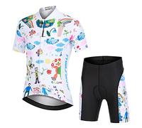Amur Leopard Ensemble Maillot de Cyclisme Enfant Garçon Fille & Cuissard Shorts avec Coussin Respirant Jersey de Cycliste à Motif Dessin Animé, Caricatures Blanc, 3XL/14-15 Ans