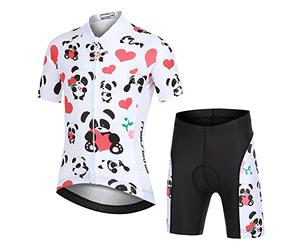 Amur Leopard Ensemble Maillot de Cyclisme Enfant Garçon Fille & Cuissard Shorts avec Coussin Respirant Jersey de Cycliste à Motif Dessin Animé, Panda Amour, L/8-9 Ans