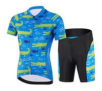Amur Leopard Maillot de Cyclisme Enfant Garçon Combinaison de Cyclisme Fille Ensemble 2pcs T-Shirt à Manches Courtes + Cuissard avec 3D Coussin de Siège, Bleu-Crocodile, S/3-4 Ans