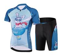 Amur Leopard Maillot de Cyclisme Enfant Garçon Combinaison de Cyclisme Fille Ensemble 2pcs T-Shirt à Manches Courtes + Cuissard avec 3D Coussin de Siège, Bleu-Lapin, M/5-6 Ans