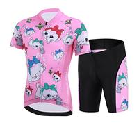 Amur Leopard Maillot de Cyclisme Enfant Garçon Combinaison de Cyclisme Fille Ensemble 2pcs T-Shirt à Manches Courtes + Cuissard avec 3D Coussin de Siège, Rosa-Chat, S/3-4 Ans