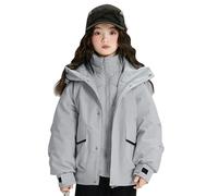 Amur Leopard Manteau Enfant Fille 3-en-1 Ensemble 2pcs Veste Softshell à Capuche + Doublure en Duvet pour Automne Hiver, Gris, 170/12-16 Ans
